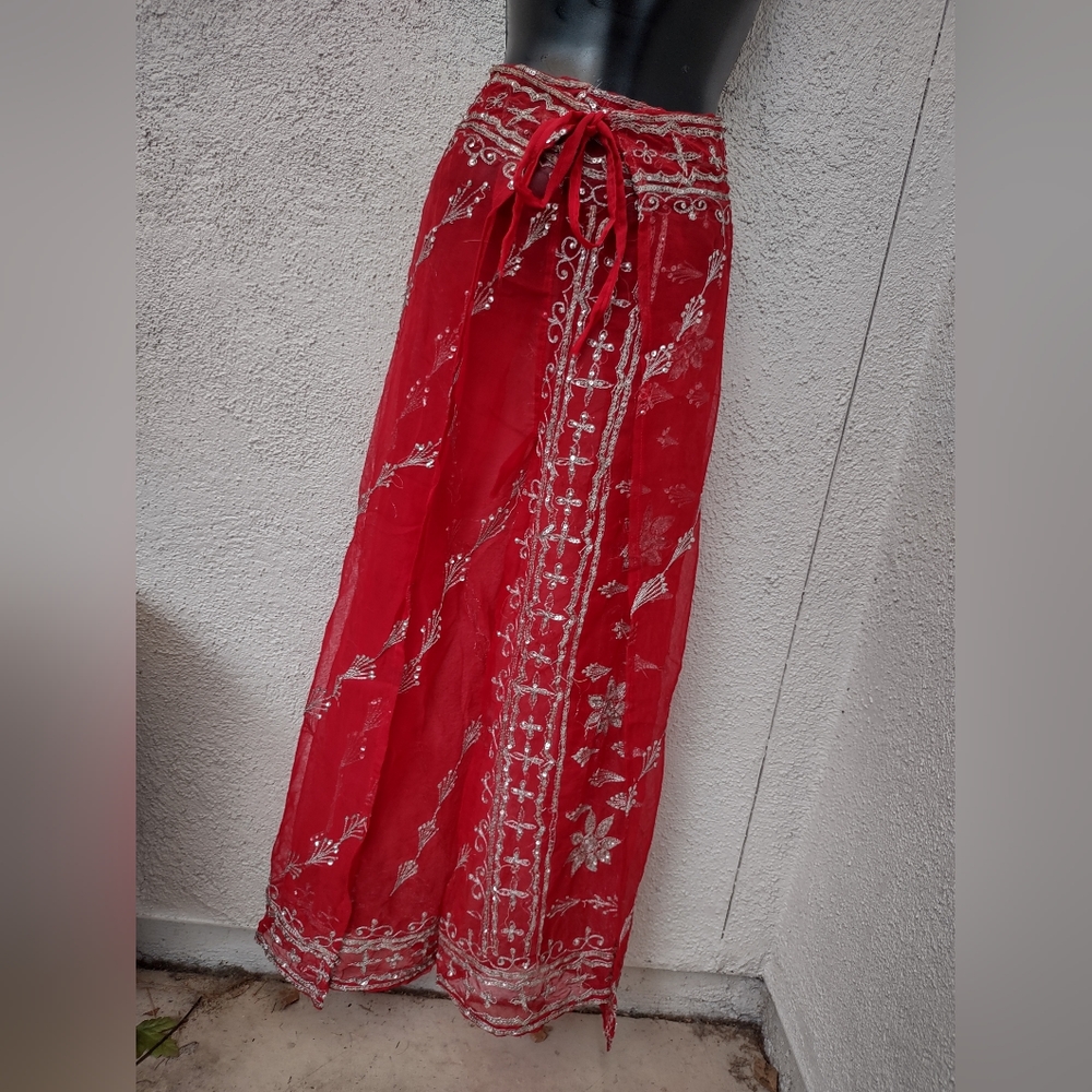 Hand Crafted Red Wide Leg Pants Wrap Style Embroidery Summer Dance One Size
